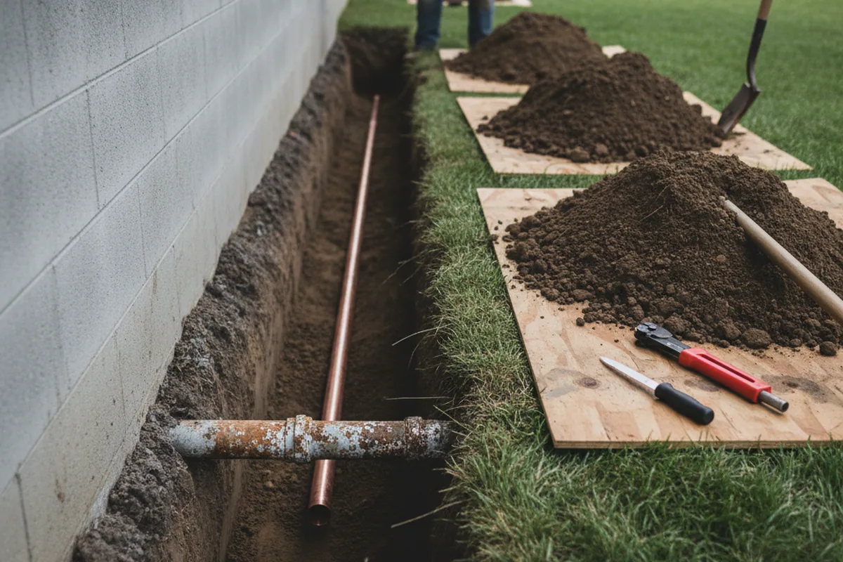 Excavated water line trench during Water Softener Installation in Sod